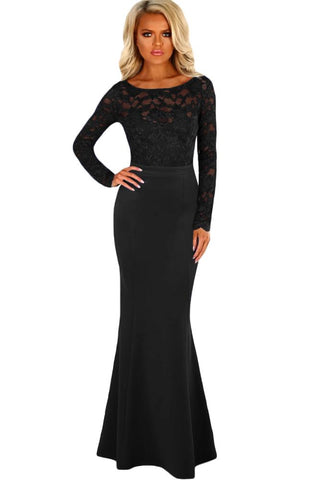 Black Lace Long Sleeve Bow Back Maxi Dress