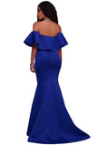 Royal Blue Ruffle Off Shoulder Ponti Maxi Party Dress