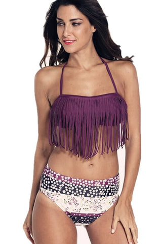 Dark Purple Halter Fringed Floral Printed Bikini Swimsuit