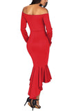 Red Off Shoulder Long Sleeve Mermaid Dress