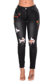 Black Mid Rise Distressed Rose Embroidery Jeans