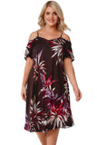 Brown&Multicolor Floral Cold Shoulder Plus Size Dress with Waist Tie