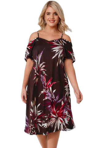 Brown&Multicolor Floral Cold Shoulder Plus Size Dress with Waist Tie