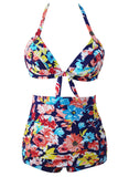 Blooming Navy Retro High Waist 2 Pieces Swimsuit