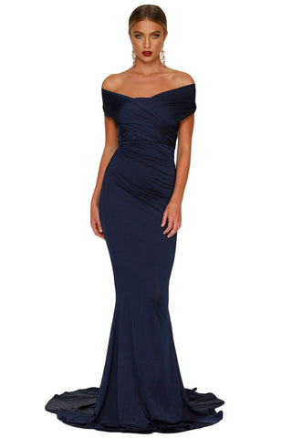 Navy Blue Off-shoulder Mermaid Wedding Party Gown