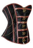 Black Brocade Corset with Brown Leather