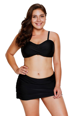 Black Bandeau Bikini 2pcs Skirtini Swimsuit