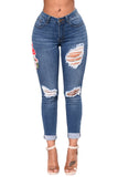 Light Blue Mid Rise Distressed Rose Embroidery Jeans