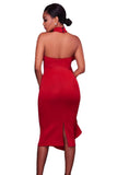 Red Halter High Neck Ruffled Midi Party Dress with Back Slit