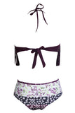 Dark Purple Halter Fringed Floral Printed Bikini Swimsuit