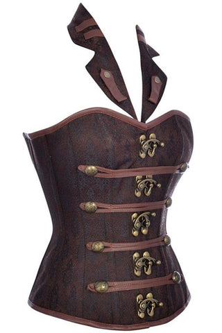 Brown Satin Leather Steampunk Corset with collar