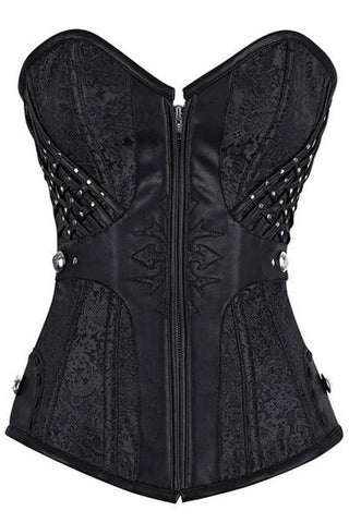 Stud and Faux Leather Trim Zip Front Black Brocade Corset