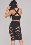 Black Sexy Taupe Open Caged Bandage Skirt Set