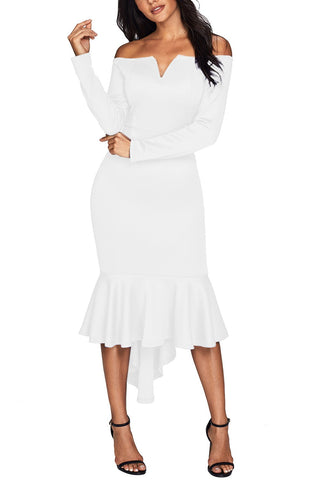 White Off Shoulder Long Sleeve Mermaid Dress