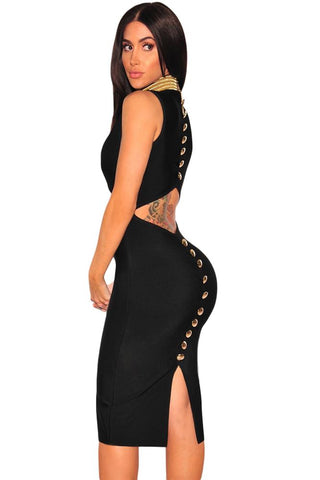 Black Gold Button Cut Out Back Bandage Dress