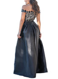 Black Crochet Top Pleated Waist Flared Maxi Evening Dress