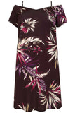 Brown&Multicolor Floral Cold Shoulder Plus Size Dress with Waist Tie