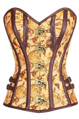 Tan Satin Globe Print Overbust Corset with Thong