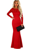 Red Lace Long Sleeve Bow Back Maxi Dress